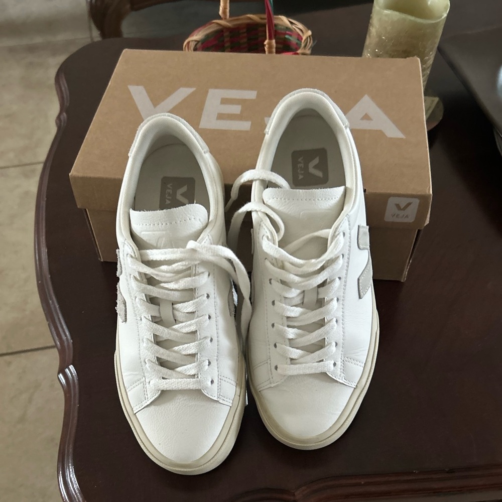 Veja White Leather Low-Top Sneakers with Gray V Logo